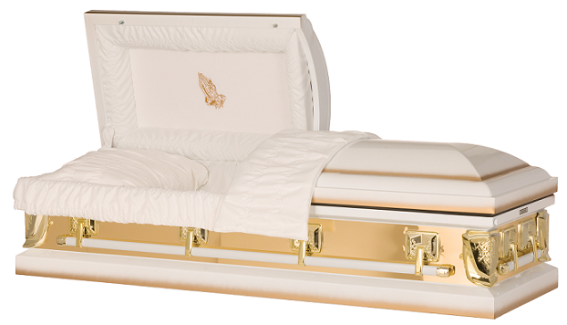 Casket: Golden Sunlight Mirrors with Praying Hands Casket