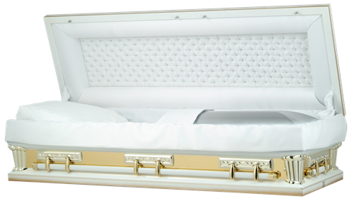 Casket: Tuxedo White w/Gold Mirror Full Couch Casket