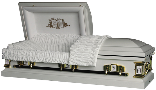 Casket: Open Bible - Praying Hands - Calvary Crosses Metal Casket